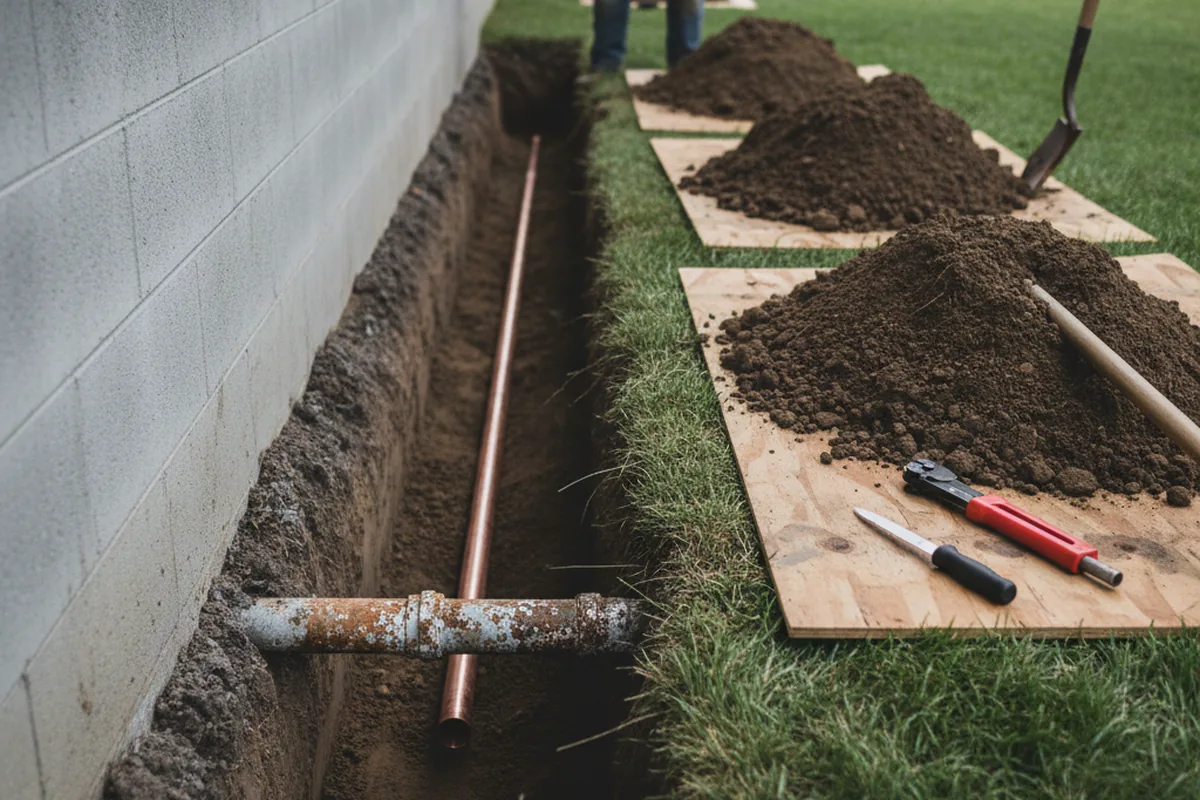 Excavated water line trench during Water Heater Repair in Middlesex